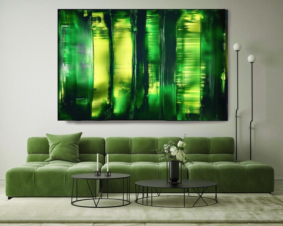 Green Reflections-1, Green Abstract Painting Print on Canvas, Abstract Art, Contemporary Living Room Decor, Office Wall Art, Coastal Blue