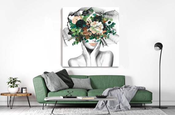 Woman Floral Portrait Green Flowers head woman Canvas Print, Sexy wall art, Heavenly perfection 6 Floral Head Woman Print, Woman Fashion Art