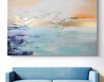 Vloeiende elegantie-1/abstracte blauwe kustcanvas, grote muurkunst, getextureerde strandcanvas, aangepaste blauwe muurkunst woonkamerdecor