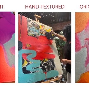 May include: The image shows three panels with text. The first panel says "CANVAS PRINT" and displays an abstract painting with red, purple, and gray colors. The second panel says "HAND-TEXTURED" and shows an artist painting on a canvas with red, blue, and yellow colors. The third panel says "ORIGINAL PAINTING" and shows an abstract painting with pink and orange colors.
