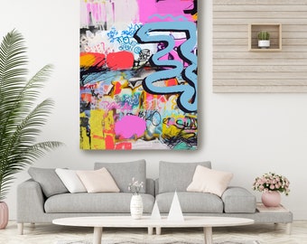 Graffiti Wall Art Street Art, Blue Street Art Painting Print on Canvas, City Graffiti Art on Canvas, Urban Canvas Print, Friendship