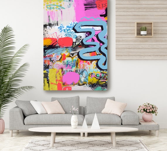 Graffiti Wall Art Street Art, Blue Street Art Painting Print on Canvas, City Graffiti Art on Canvas, Urban Canvas Print, Friendship