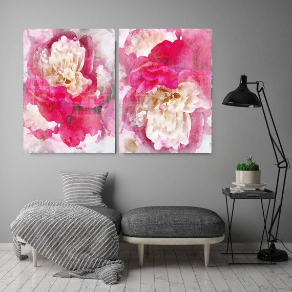 Peony Strikingly Chic -2 piece - Floral Painting Farmhouse Decor Hot Pink Peony Watercolor Painting Print Floral canvas print