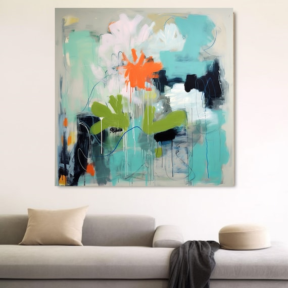 Abstract Floral Bliss Floral Collection 24, Abstract Blue Flower Painting Print On Canvas, Large Wall Art, Modern Floral Painting Art Print