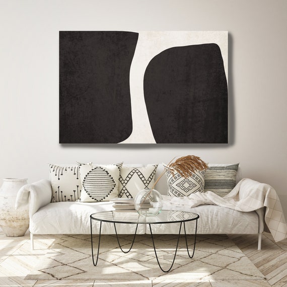 Black Shapes Canvas Art Print, Geometric Neutral Organic Shapes Art, Black and White Geometric Shapes Minimalist Home Decor Large Wall Art