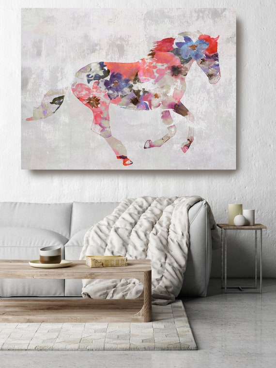 Colorful Floral Horse Painting Horse Mixed Media Painting Canvas Print BOHO Horse Floral Horse Art Large Canvas, Painted Horse Boho Wall Art