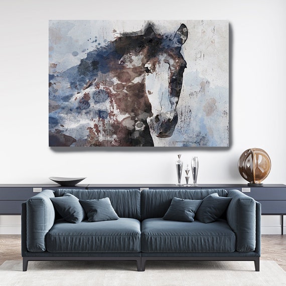 Navy Blue Gorgeous Horse  Extra Large Horse Wall Decor, Rustic Horse Large Horse Portrait Canvas Art Print Abstract Horse, Equine Art, Horse
