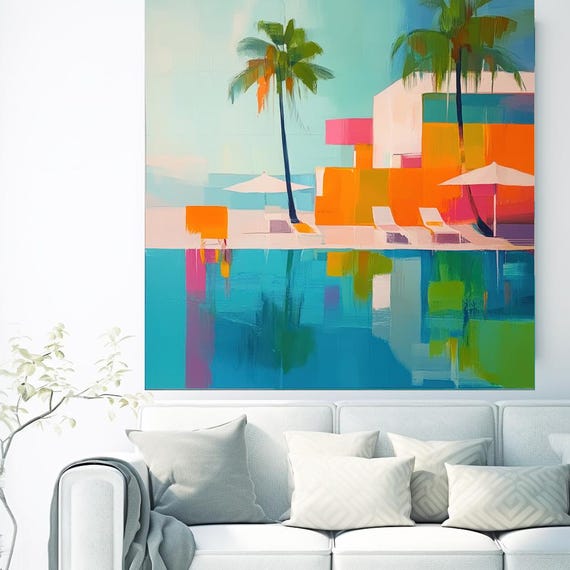 Summer Vibes Color Block Beach Poolside Reverie-10 Coastal Canvas Print, Midcentury Coastal At print on Canvas, Abstract Coastal Art