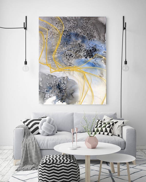 Coastal Watercolor Abstract 16. Watercolor Abstract Blue Black Gold Canvas Art Print, Watercolor Painting Print up to 72" by Irena Orlov