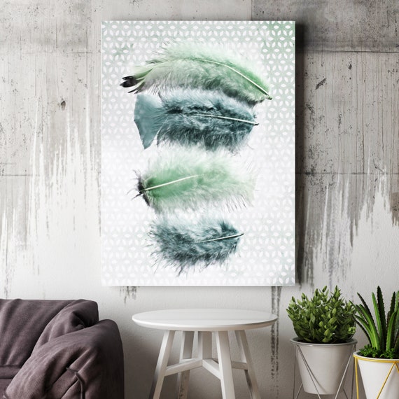Elegant feathers in light blues 1-4. Blue, Green Feather Photography, Extra Large Feather Canvas Art Print up to 72" by Irena Orlov