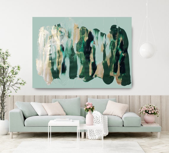 Blue Gold Green Flow, Green Gold Abstract Painting  Modern Art Abstract Painting Extra Large Painting Extra Large Abstract Canvas Print