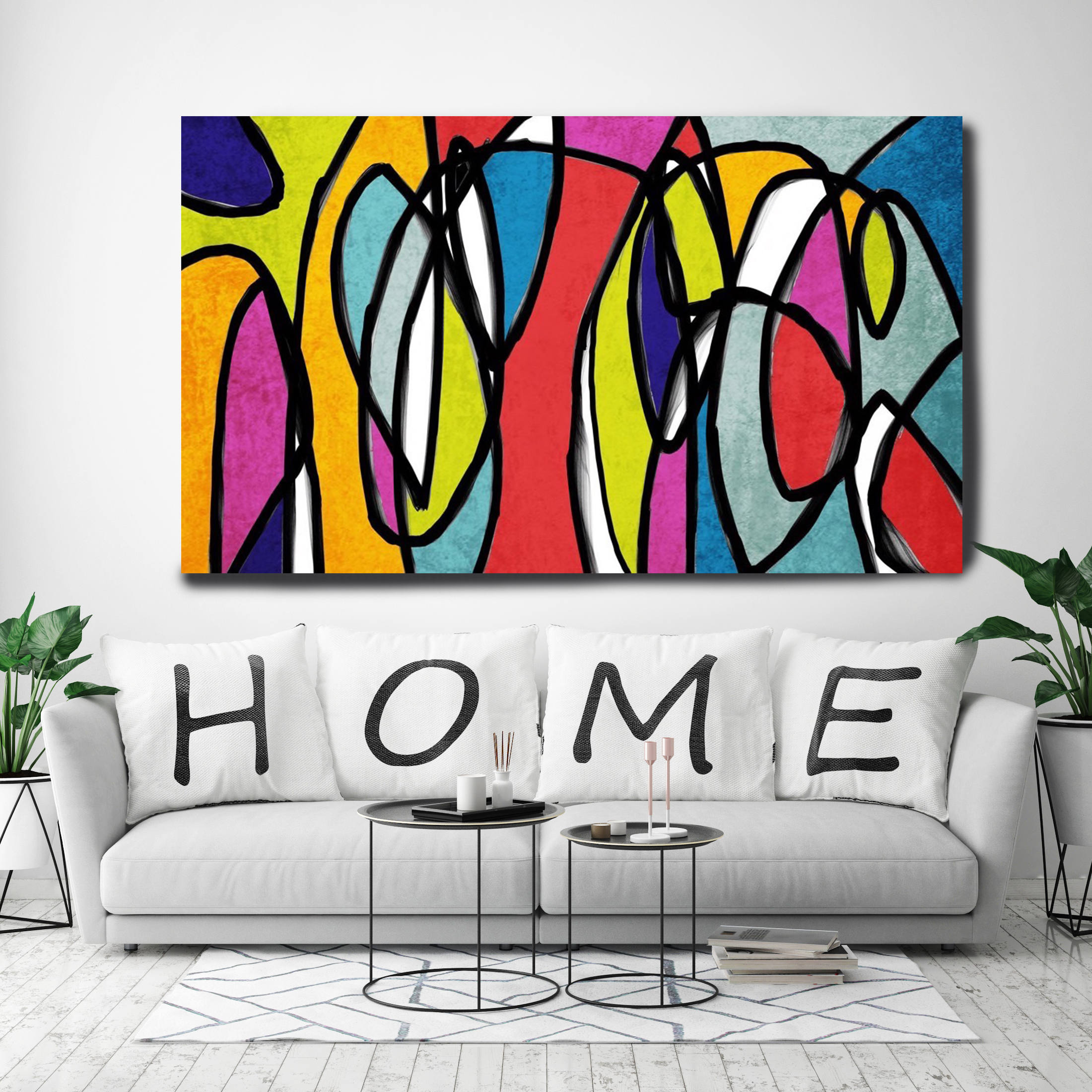 Vibrant Colorful Abstract033. MidCentury Modern Red Blue Canvas Art