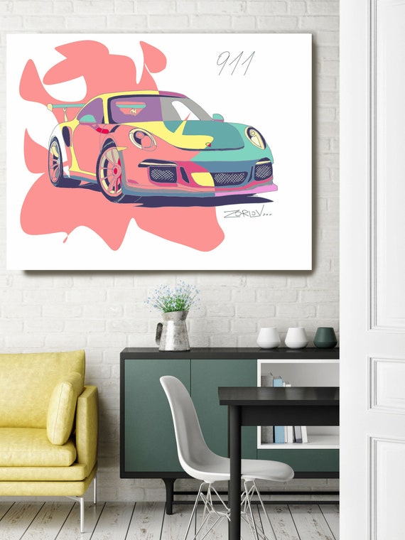 Pink Porsche, Porsche art print Large Pink Green Porsche Painting Canvas Art Print, Kids Wall Decor, Car Wall Decor up to 72" by Zeev Orlov