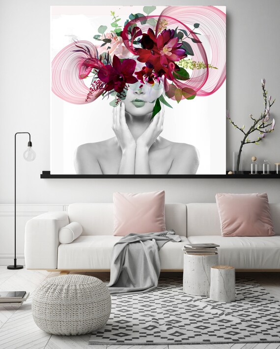 Woman Floral Portrait, Flower head woman Canvas Print, Sexy wall art, Equivalent Exchange 18, Floral Head Woman Print, Woman Fashion Art