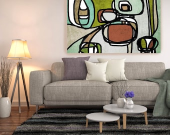 Vibrant Colorful Abstract-0-1-1. Wall Art Mid Century Modern Painting Art Canvas Print Retro Loft Art Large Wall Art, Canvas Art Print