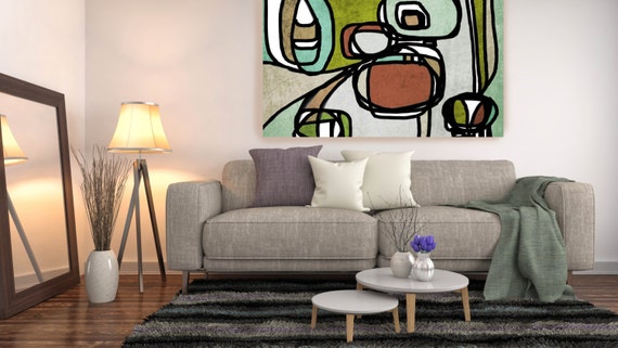 Vibrant Colorful Abstract-0-1-1. Wall Art Mid Century Modern Painting Art Canvas Print Retro Loft Art Large Wall Art, Canvas Art Print