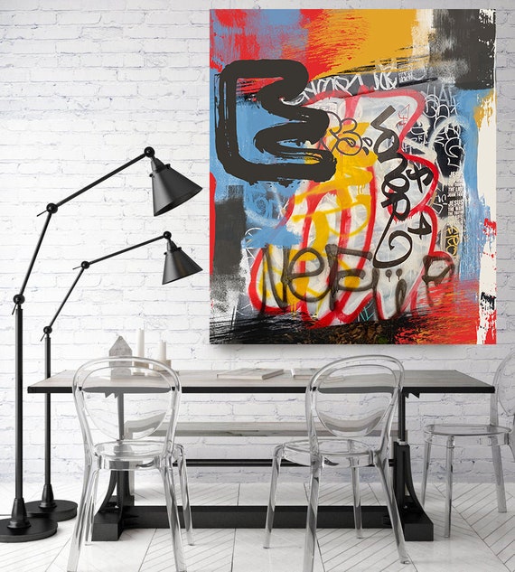 Existence , Street Art, Graffiti Wall Art Red Yellow Blue Street Art Painting Print on Canvas, Large Canvas Print, Urban Canvas Print