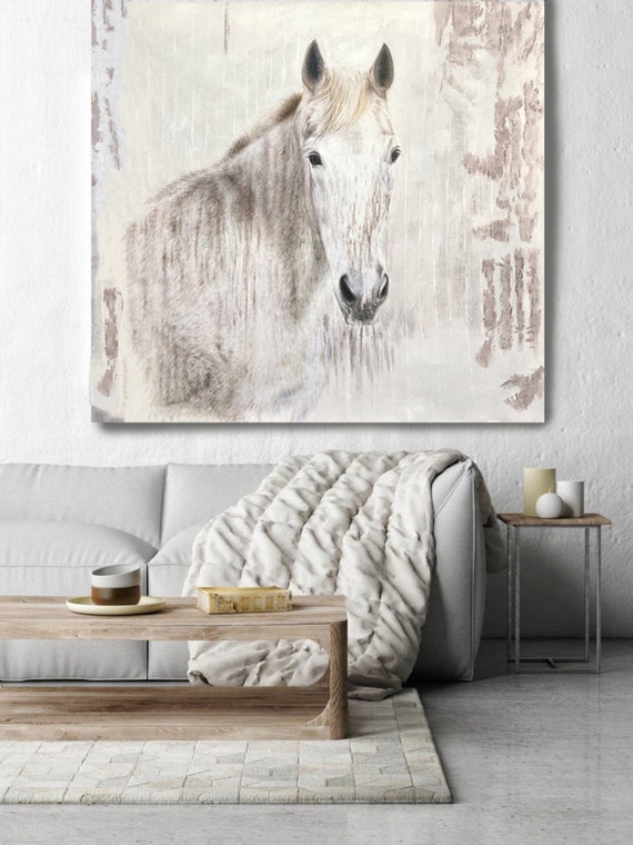 White Beauty Rustic Horse Oil Painting on Canvas, Equestrian 58 WX58" H, Heavy Textured Horse Painting on Canvas, Equestrian Horse Portrait