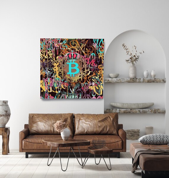 Bitcoin Brown Teal Graffiti Canvas Print. Bitcoin Abstract Office Decor Cryptocurrency Wall Art Home Office Bitcoin Graffiti