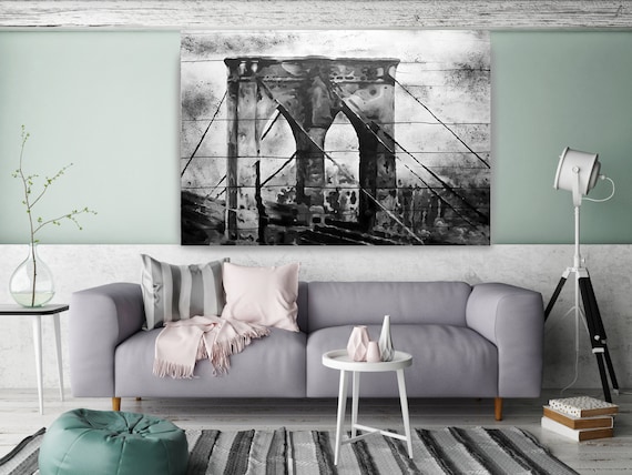 Brooklyn Bridge. Extra Large Rustic Urban Canvas Original Art. Cityscape BW Rustic Original Oil/Acrylic Art by Irena Orlov