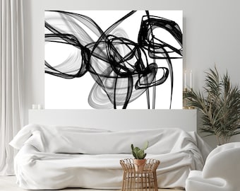 Large Black and White Abstract Painting, Modern New Media Art on Canvas, Knowledge, Minimalist 68 x 46"