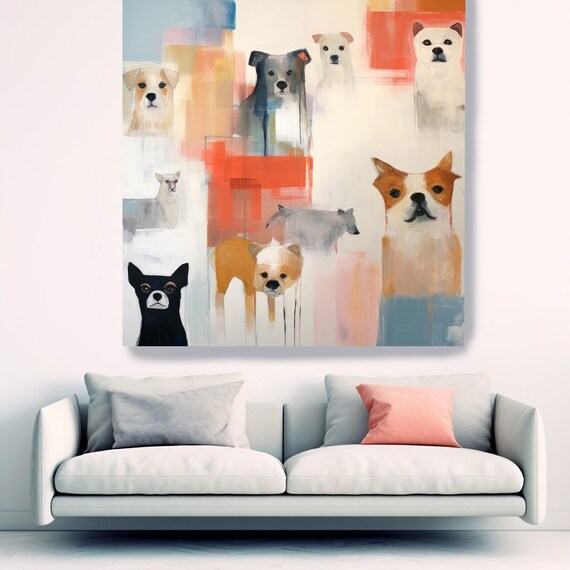 Happy Dogs 9, Portrait Painting Canvas Print, Dog Portrait Art, Conceptual Abstract Color Block Dog Portrait Pop Art, Minimalist Dog Art