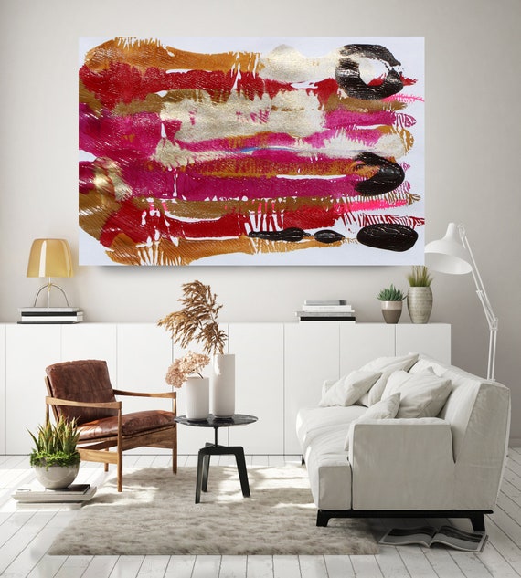 Hot Pink Gold Reflection, Gold Hot Pink, Abstract Painting  Modern Art Abstract Painting Extra Large Painting Abstract Canvas Print