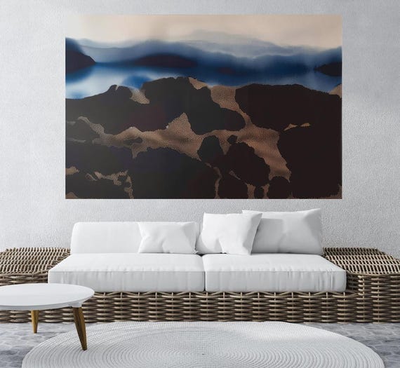 Chartreuse Cascade-1, Blue Brown Contemporary Abstract Painting Print on Canvas, Contemporary Living Room Decor Office Art Textured Abstract