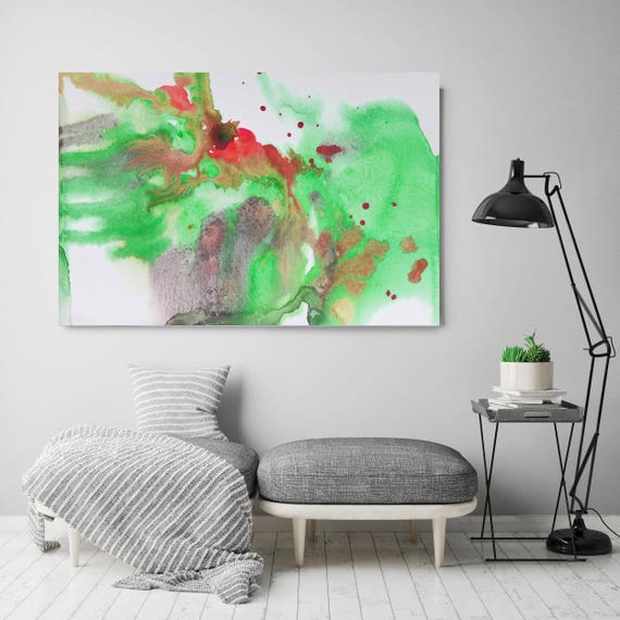 Watercolor Coastal Abstract 52. Contemporary Abstract Green Red Canvas Art Print up to 72", Watercolor Painting Print by Irena Orlov