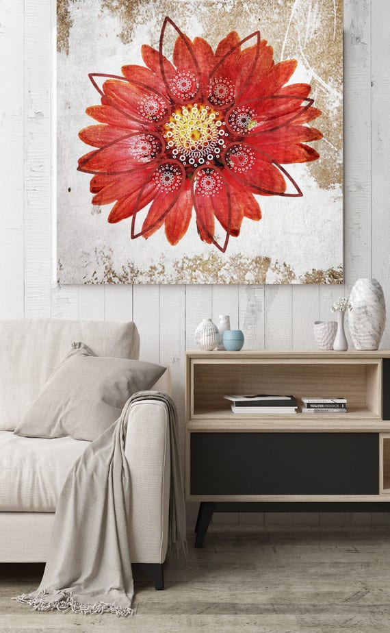 Casablanca. Floral Rustic Canvas Art Print up to 48", Large Floral Canvas Art Print, Red White Floral Canvas Print by Irena Orlov