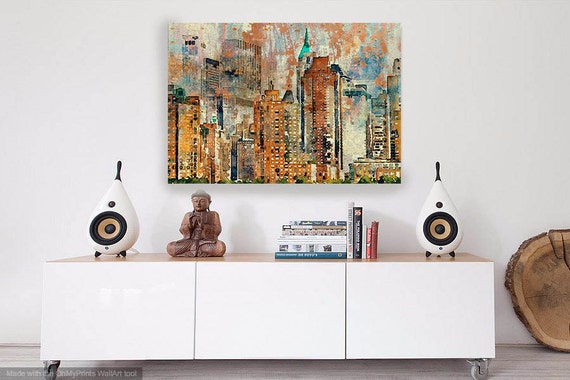 ORL-7335-2 Colorful New York. New York Extra Large Canvas Art Print up to 72", New York Wall Decor Canvas Brown Rustic by Irena Orlov