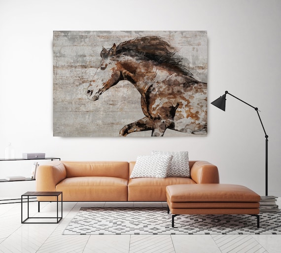 WILD HORSE RUNNING. Horse Art Large Canvas, Brown Rustic Horse, Canvas Print, Horse Painting, Horse Wall Art, Equestrian Art