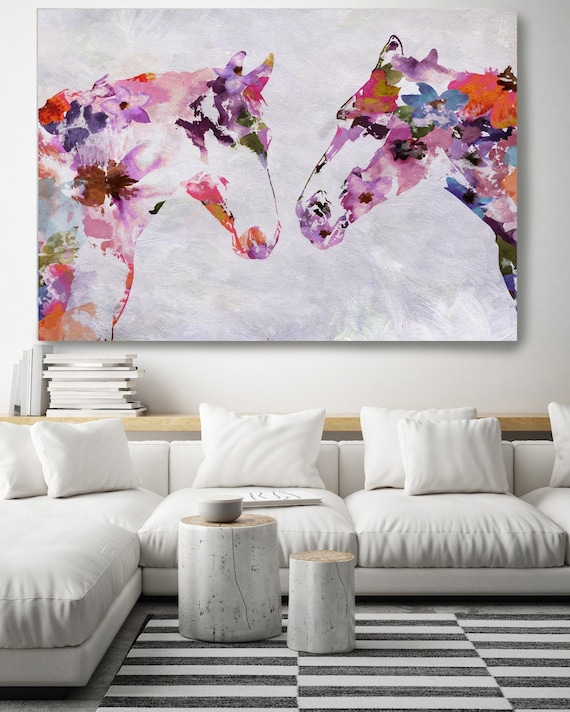 Two Loving Horses Bohemian Colorful Abstract Floral Horse BOHO Watercolor floral horse, farm animals, watercolor horse. Horse Canvas Print