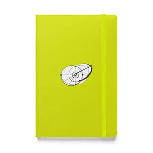 May include: A bright chartreuse notebook with a matching elastic closure and a graphic design on the cover. The design is a black and white illustration of a target with an arrow. The notebook is rectangular.