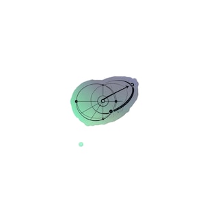 May include: A black geometric design featuring circles, lines, and an arrow, set against a gradient background of green, blue, and purple. The design has a modern, abstract aesthetic.