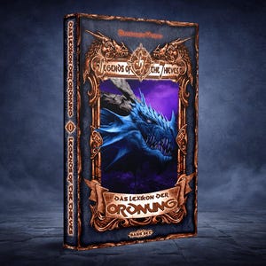 Könnte beinhalten: Ein Hardcover-Buch mit dem Titel "Legends of the 7 Thieves" mit einer Illustration eines blauen Drachen. Das Buch hat einen dunkelblauen Einband mit goldenen Akzenten und dem Text "Das Lexikon der Oronung".