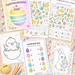 May include: A collection of Easter-themed activity sheets. The sheets feature colorful illustrations of Easter eggs, bunnies, and chicks. Some sheets have text in Welsh. Pencils and decorative Easter eggs are scattered around the sheets.