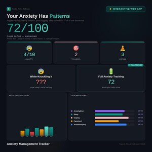 Puede incluir: Panel de control de gestión de la ansiedad con fondo oscuro. Muestra una puntuación de calma de 72/100, con secciones para la ansiedad, los desencadenantes y la adaptación. Incluye gráficos de tendencias semanales y una tabla de desglose de la calma.