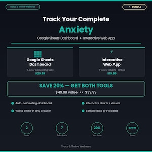 Puede incluir: Gráfico verde oscuro que promociona un sistema completo de seguimiento de la ansiedad. La imagen presenta el texto "Track Your Complete Anxiety" y detalles para un panel de Google Sheets y una aplicación web interactiva. También incluye el texto "SAVE 20% - GET BOTH TOOLS".