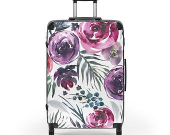Watercolor Rose Floral Rolling Suitcase Large Purple Pink Botanical