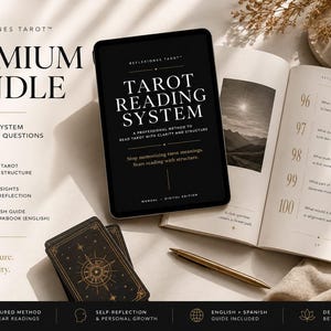 Puede incluir: Un paquete premium de lectura de tarot con una tableta que muestra "Tarot Reading System", un libro abierto y una baraja de cartas de tarot. El paquete incluye un cuaderno de trabajo con 100 preguntas de reflexión y una guía en inglés y español.