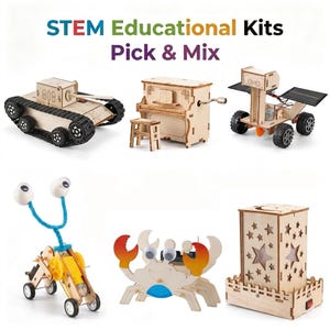 May include: STEM educational kits featuring wooden models of a tank, piano, solar-powered vehicle, robot, crab, and a star-shaped lantern. The text "STEM Educational Kits Pick & Mix" is at the top of the image.