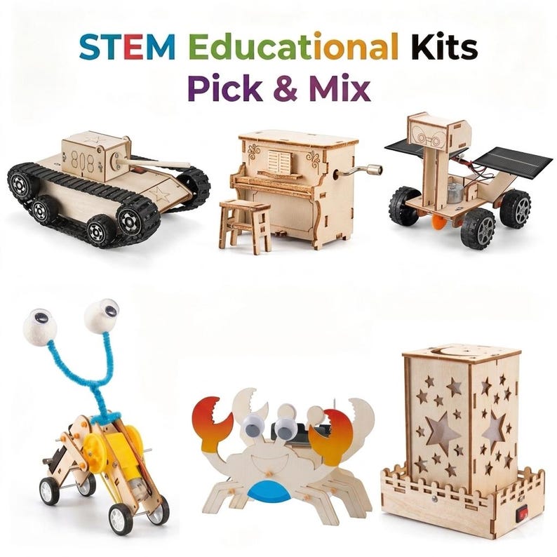 May include: STEM educational kits featuring wooden models of a tank, piano, solar-powered vehicle, robot, crab, and a star-shaped lantern. The text "STEM Educational Kits Pick & Mix" is at the top of the image.