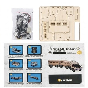 Peut inclure: Un kit de train en bois avec des instructions. Le kit comprend des pi&egrave;ces de train en bois, des roues et un sachet de petits composants. Les instructions montrent comment assembler le train. Le kit est con&ccedil;u pour les enfants et provient du laboratoire scientifique.