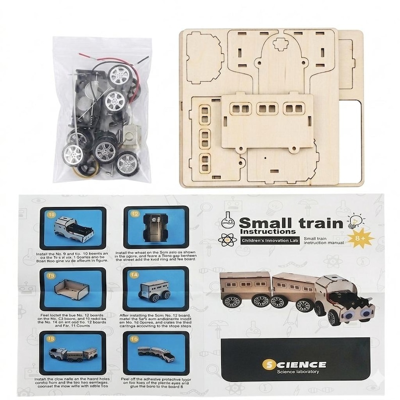 Peut inclure: Un kit de train en bois avec des instructions. Le kit comprend des pi&egrave;ces de train en bois, des roues et un sachet de petits composants. Les instructions montrent comment assembler le train. Le kit est con&ccedil;u pour les enfants et provient du laboratoire scientifique.
