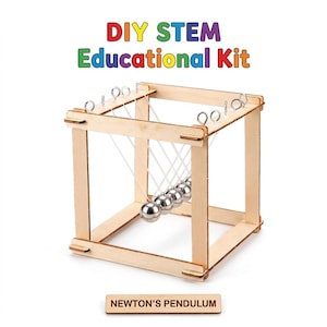 May include: A DIY STEM educational kit featuring a Newton's cradle pendulum. The wooden frame holds a series of shiny, silver metal balls suspended by strings. The text "DIY STEM Educational Kit" is at the top, and "Newton's Pendulum" is at the bottom.