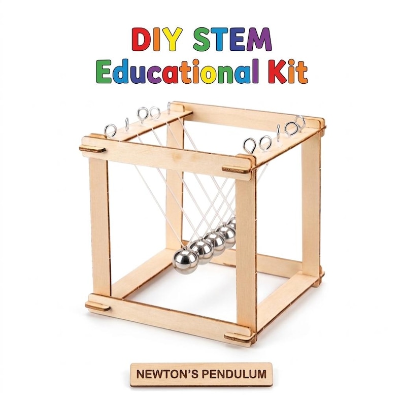 May include: A DIY STEM educational kit featuring a Newton's cradle pendulum. The wooden frame holds a series of shiny, silver metal balls suspended by strings. The text "DIY STEM Educational Kit" is at the top, and "Newton's Pendulum" is at the bottom.