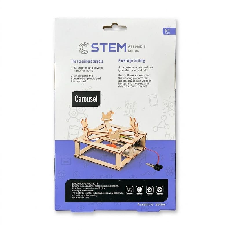 May include: A STEM Assemble series wooden carousel kit. The kit includes a base, wooden horses, and other components. The box features text about the experiment's purpose and knowledge combining. The kit is for ages 6+.