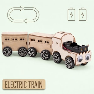 Peut inclure: Un train &eacute;lectrique en bois compos&eacute; d'une locomotive et de deux wagons. La locomotive a des yeux globuleux et un compartiment &agrave; piles. Le texte "ELECTRIC TRAIN" est affich&eacute; sur une enseigne en bois.