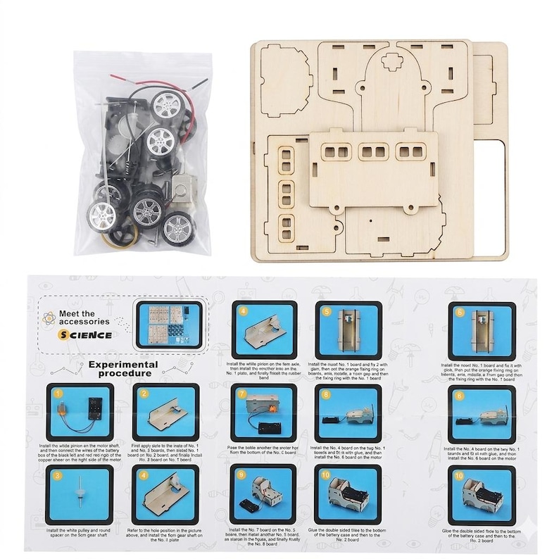 Peut inclure: Un kit scientifique de bricolage avec des composants en bois, des roues et des pi&egrave;ces &eacute;lectriques. Le kit comprend un sachet d'accessoires, une base en bois et une feuille d'instructions avec le texte "Meet the accessories SCIENCE Experimental procedure".